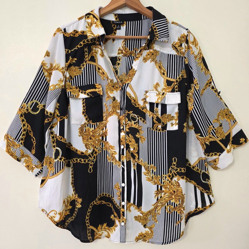 Torrid Handkerchief Chain Print Button Up Top Sz 2X‎ Sheer Career Work Blouse